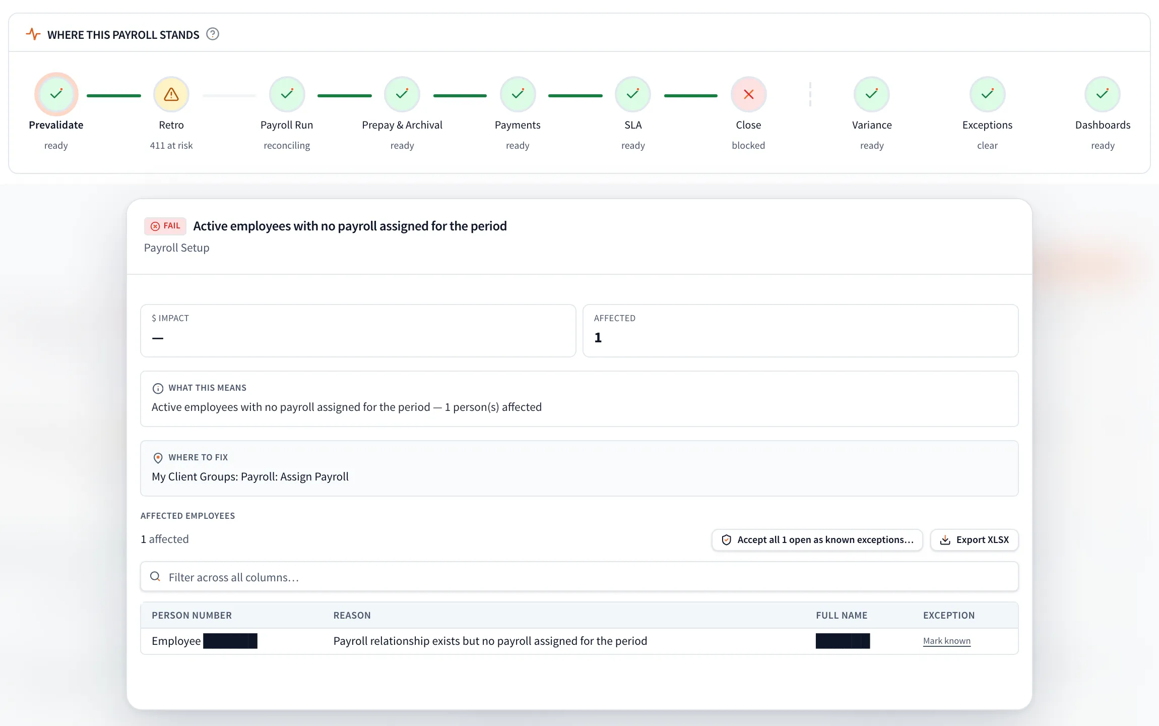 Pay 360 pre-validation: a check that failed before payroll ran, with what it means, where to fix it in Oracle and the affected employee (masked).